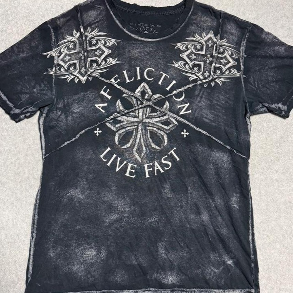 AFFLICTION LIVE FAST Mens T Shirt Large Grey White CROSS Goth GRUNGE  MMA Y2K